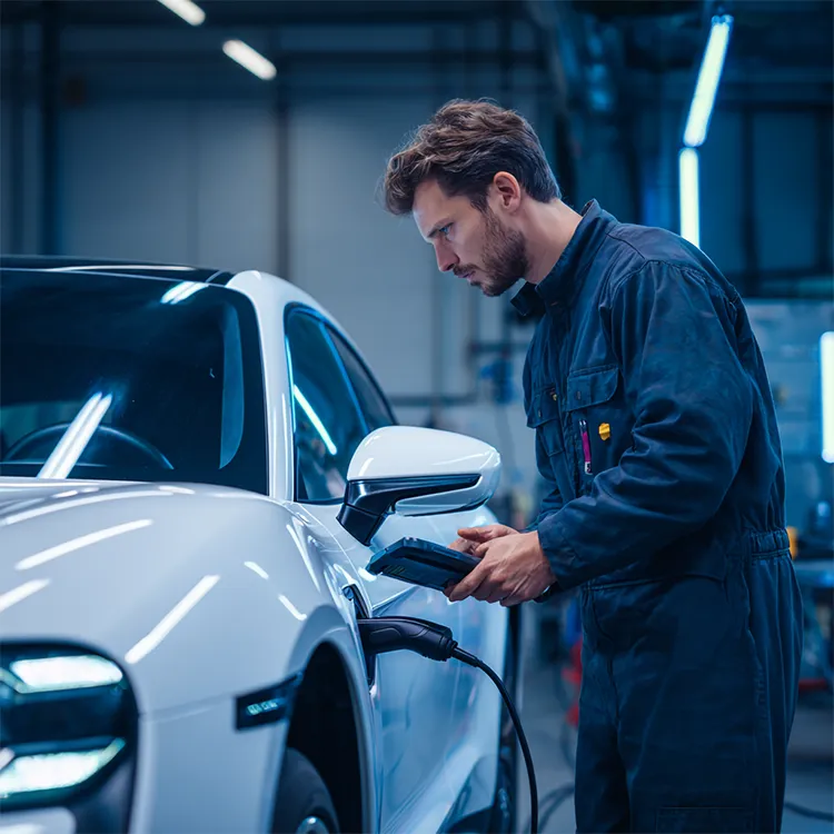 KFZ-Gutachter führt Batteriediagnose an einem Elektroauto durch