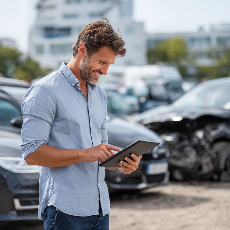 Schaden Aufnahmepartner werden! - Schaden-Aufnahmepartner dokumentiert einen Fahrzeugschaden mit Tablet